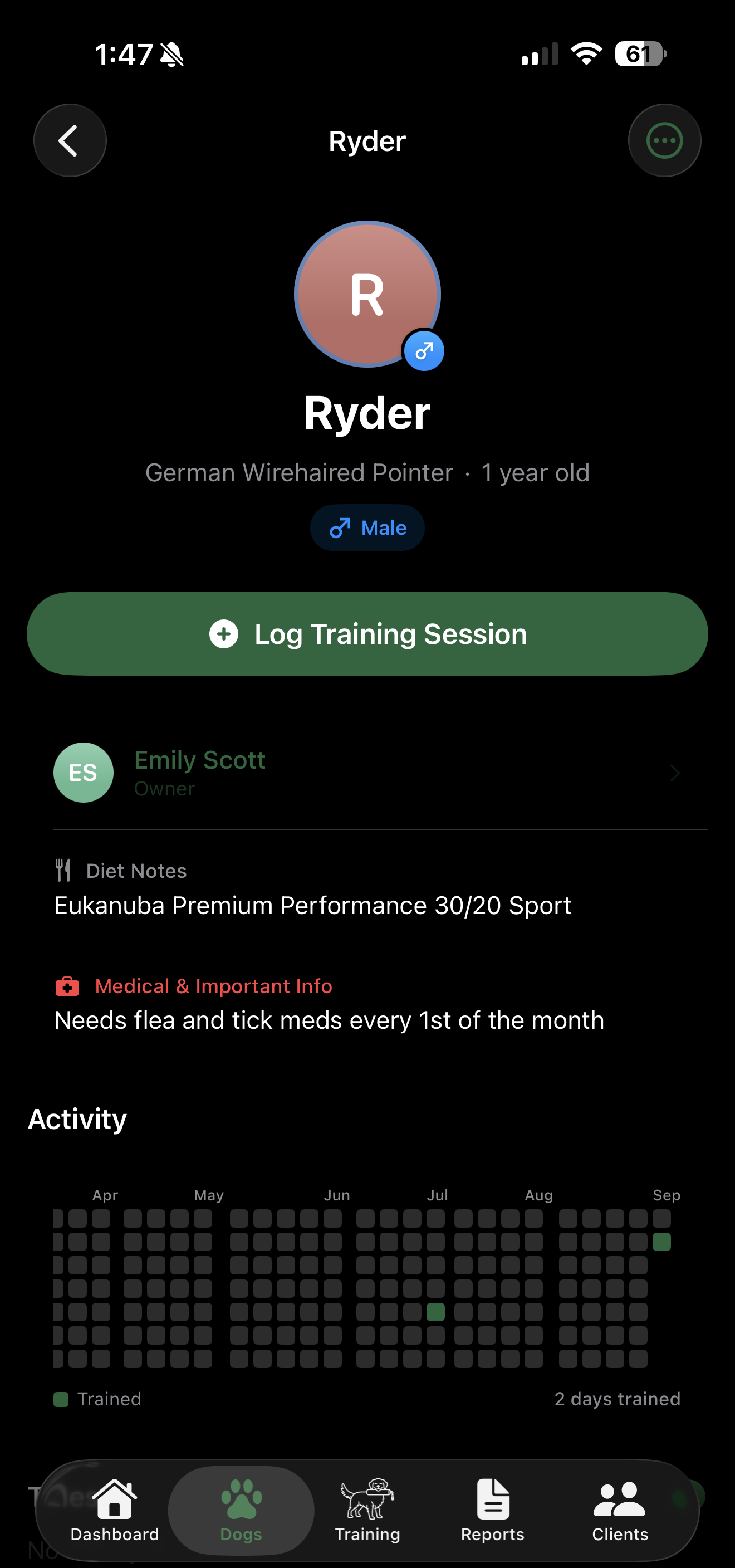 Dog profile screen for Ryder, a German Wirehaired Pointer, showing owner, diet and medical notes, and training activity