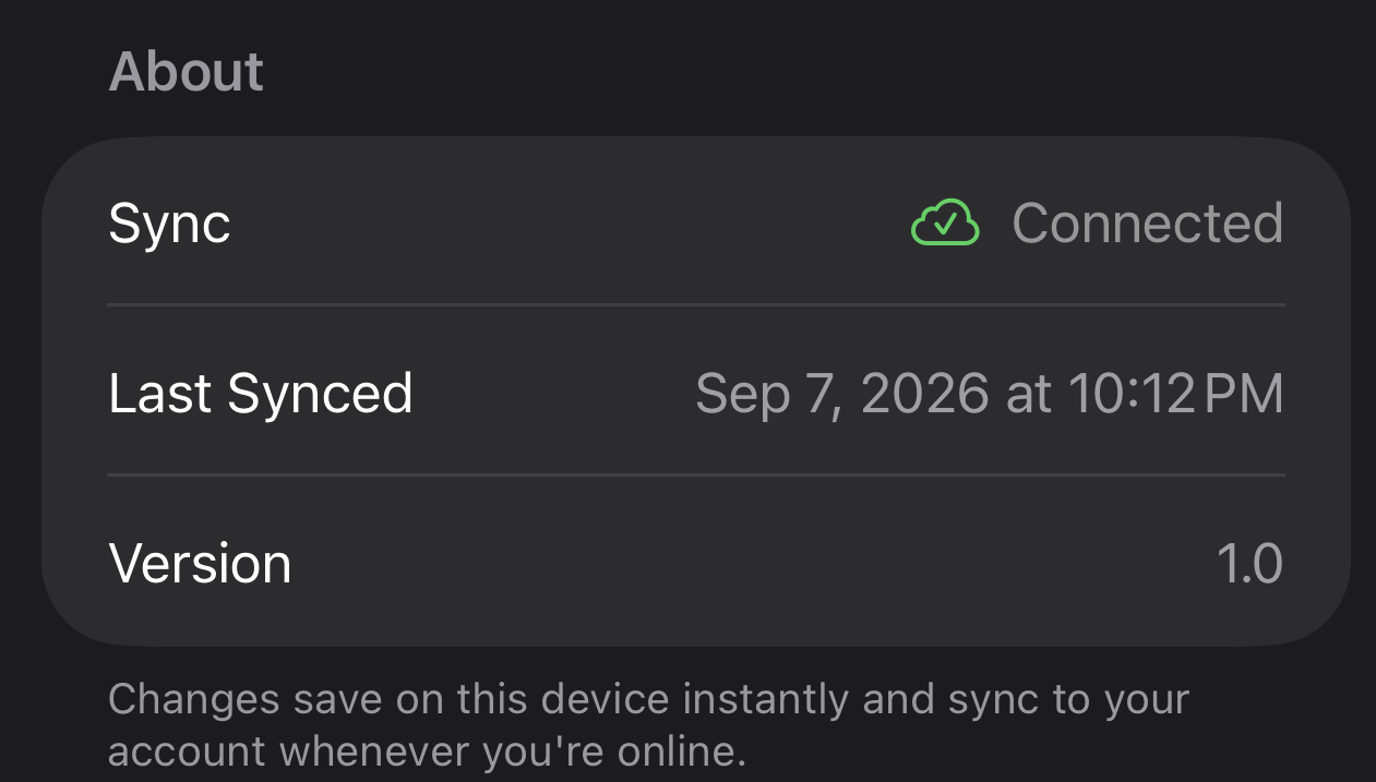 Retriever Ops settings screen showing sync status: Connected, with the last synced time and a note that changes save on this device instantly and sync whenever you're online
