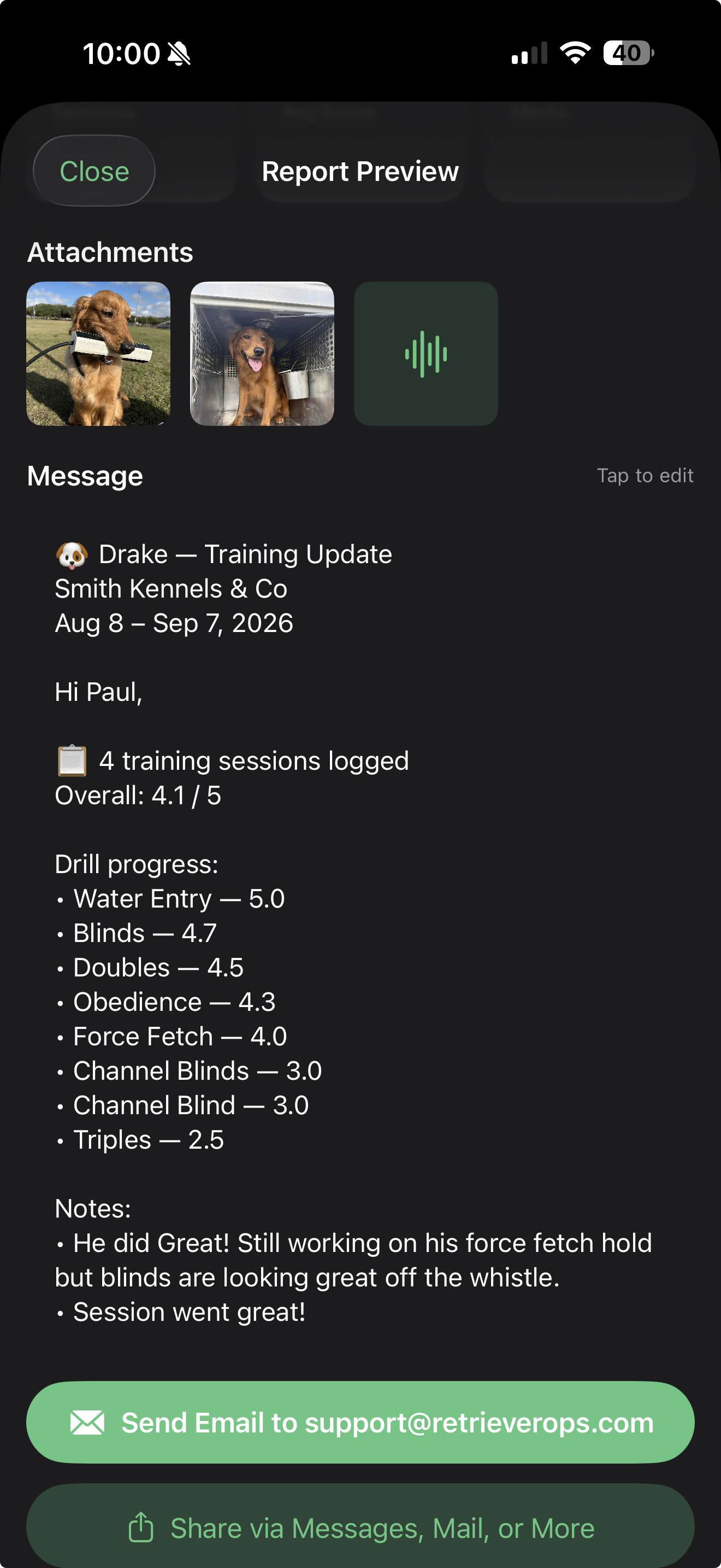 Report Preview screen for Drake, showing attached photos, drill progress scores, session notes, and options to send the report by email or share sheet